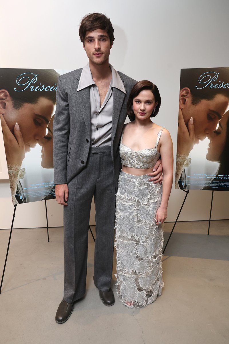 Cailee Spaeny and Jacob Elordi pose together at the screening of 'Priscilla'