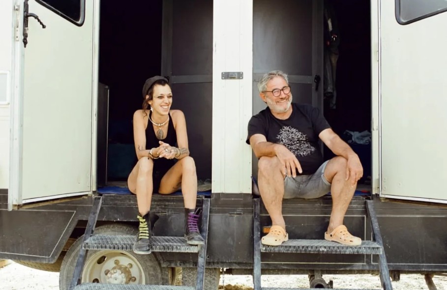 Jade Oukid and her co-star, Sergi López, on the set of 'Sirāt'